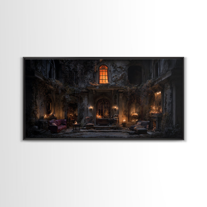 The Haunted Manor, Wide Panoramic Art, Macabre Wall Art, Framed Canvas Print, Halloween Wall Decor, Gothic Home Decor, Horror Wall Art