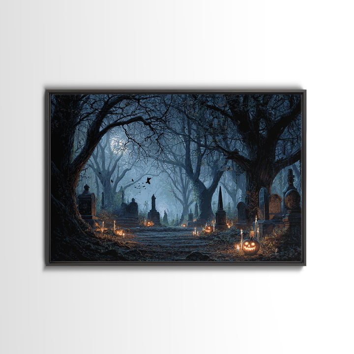The Moonlit Cemetery, Landscape Wall Art, Gothic Horror Wall Art, Framed Canvas Print, Halloween Wall Decor, Gothic Home Decor