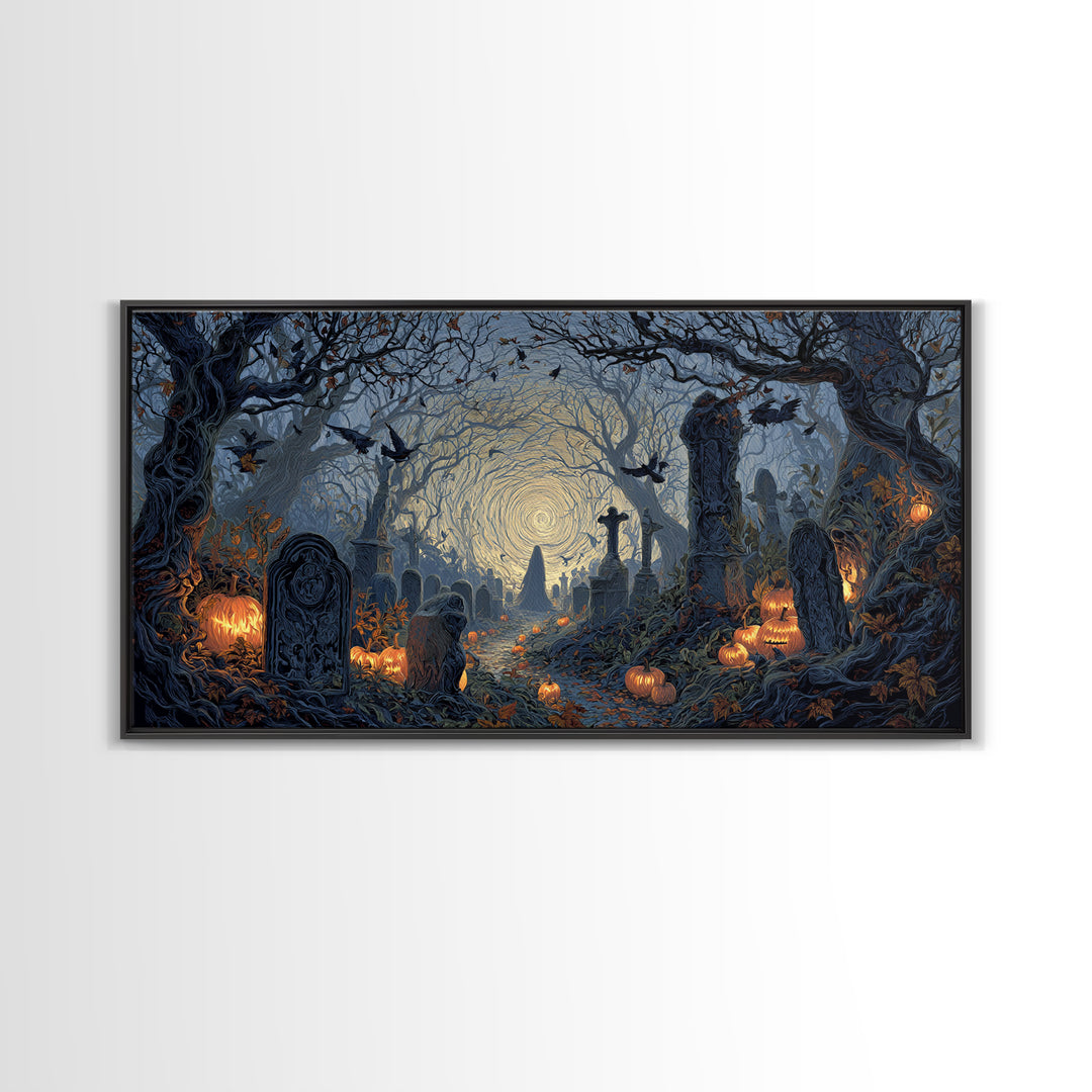 The Moonlit Cemetery, Wide Panoramic Art, Spooky Home Decor, Canvas Print, Halloween Wall Decor, Gothic Home Decor, Halloween Wall Art