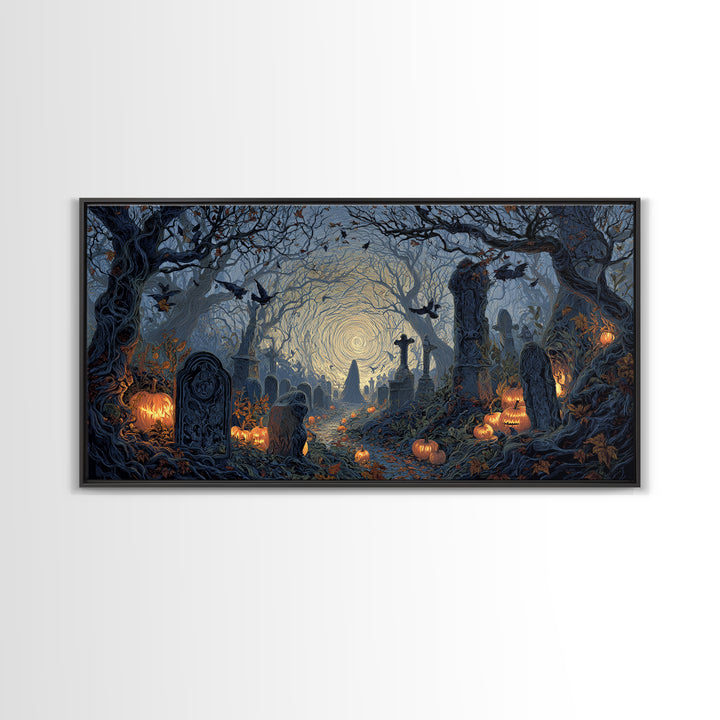 The Moonlit Cemetery, Wide Panoramic Art, Spooky Home Decor, Canvas Print, Halloween Wall Decor, Gothic Home Decor, Halloween Wall Art