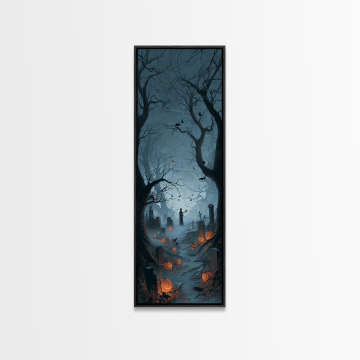The Moonlit Cemetery, Tall Narrow Wall Art, Haunted Gothic Art, Framed Canvas Print, Halloween Wall Decor, Gothic Home Decor