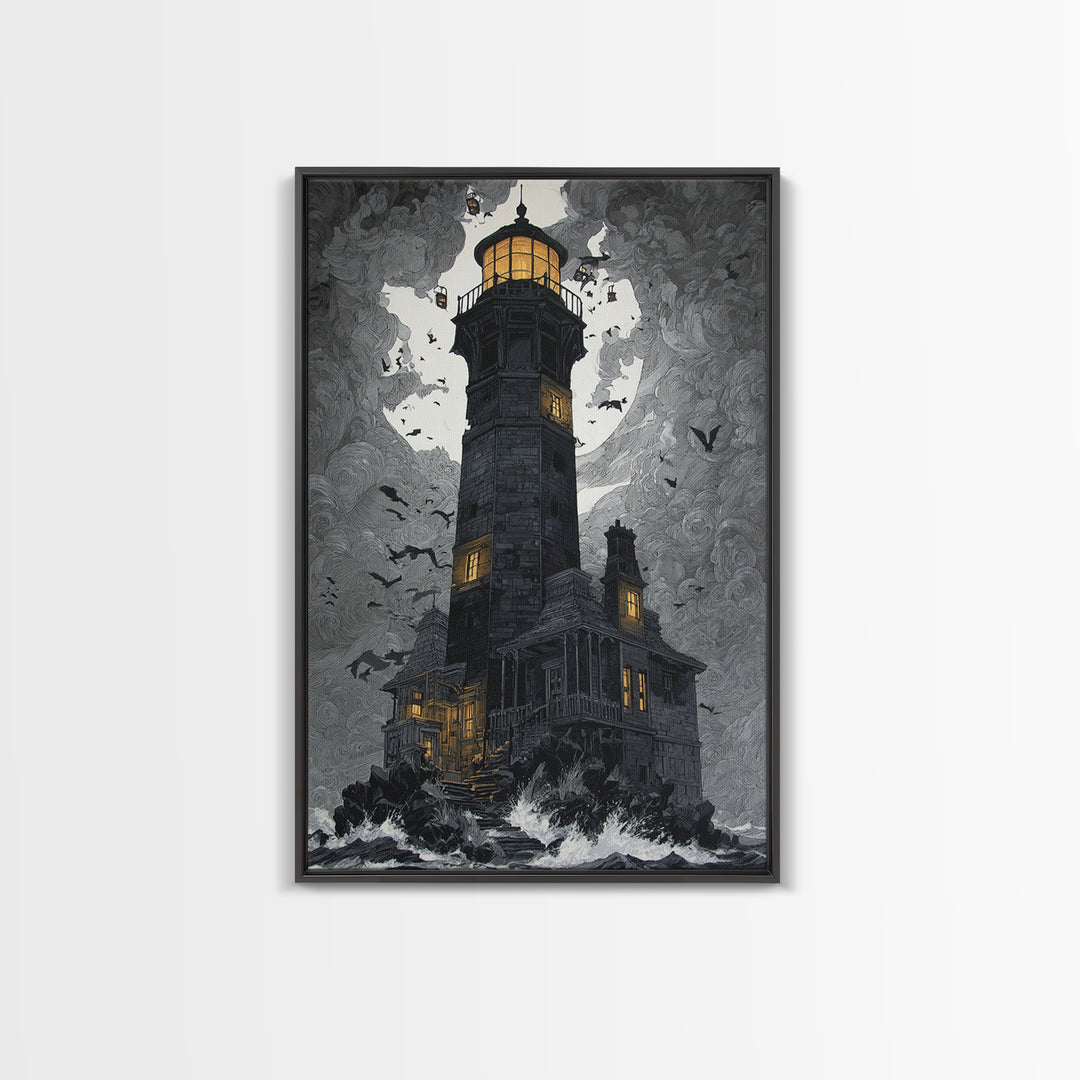 The Cursed Lighthouse, Vertical Wall Art, Macabre Wall Art, Framed Canvas Print, Halloween Wall Decor, Gothic Home Decor