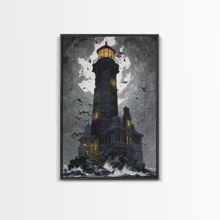The Cursed Lighthouse, Vertical Wall Art, Macabre Wall Art, Framed Canvas Print, Halloween Wall Decor, Gothic Home Decor