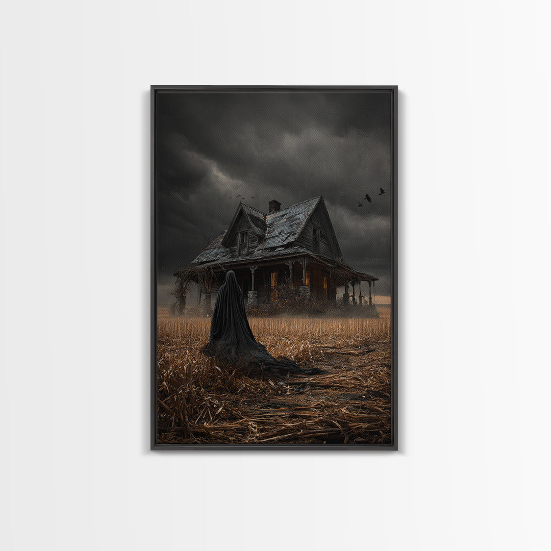 The Possessed Farmhouse, Vertical Wall Art, Haunted Gothic Art, Framed Canvas Print, Halloween Wall Decor, Gothic Home Decor