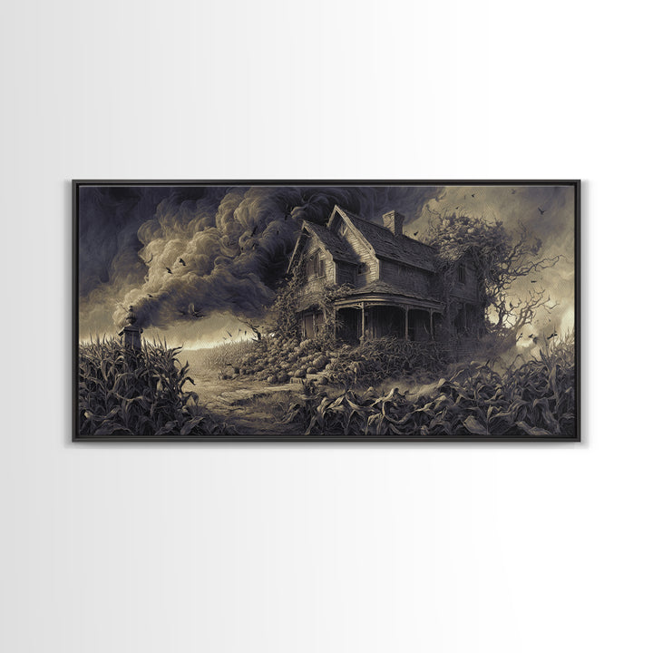 The Possessed Farmhouse, Wide Panoramic Art, Gothic Horror Wall Art, Framed Canvas Print, Halloween Wall Decor, Gothic Home Decor