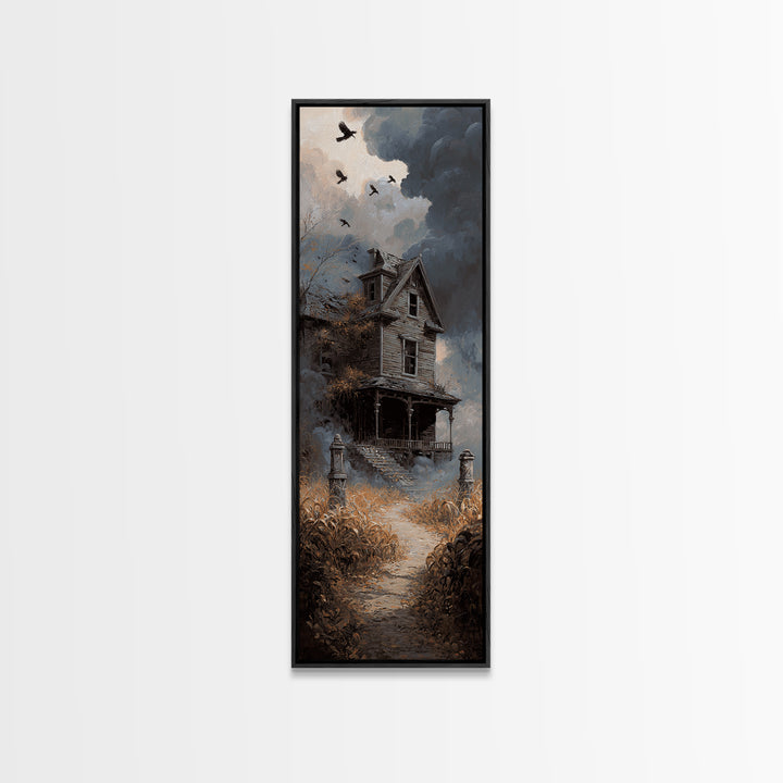 The Possessed Farmhouse, Tall Narrow Wall Art, Haunted Gothic Art, Framed Canvas Print, Halloween Wall Decor, Gothic Home Decor