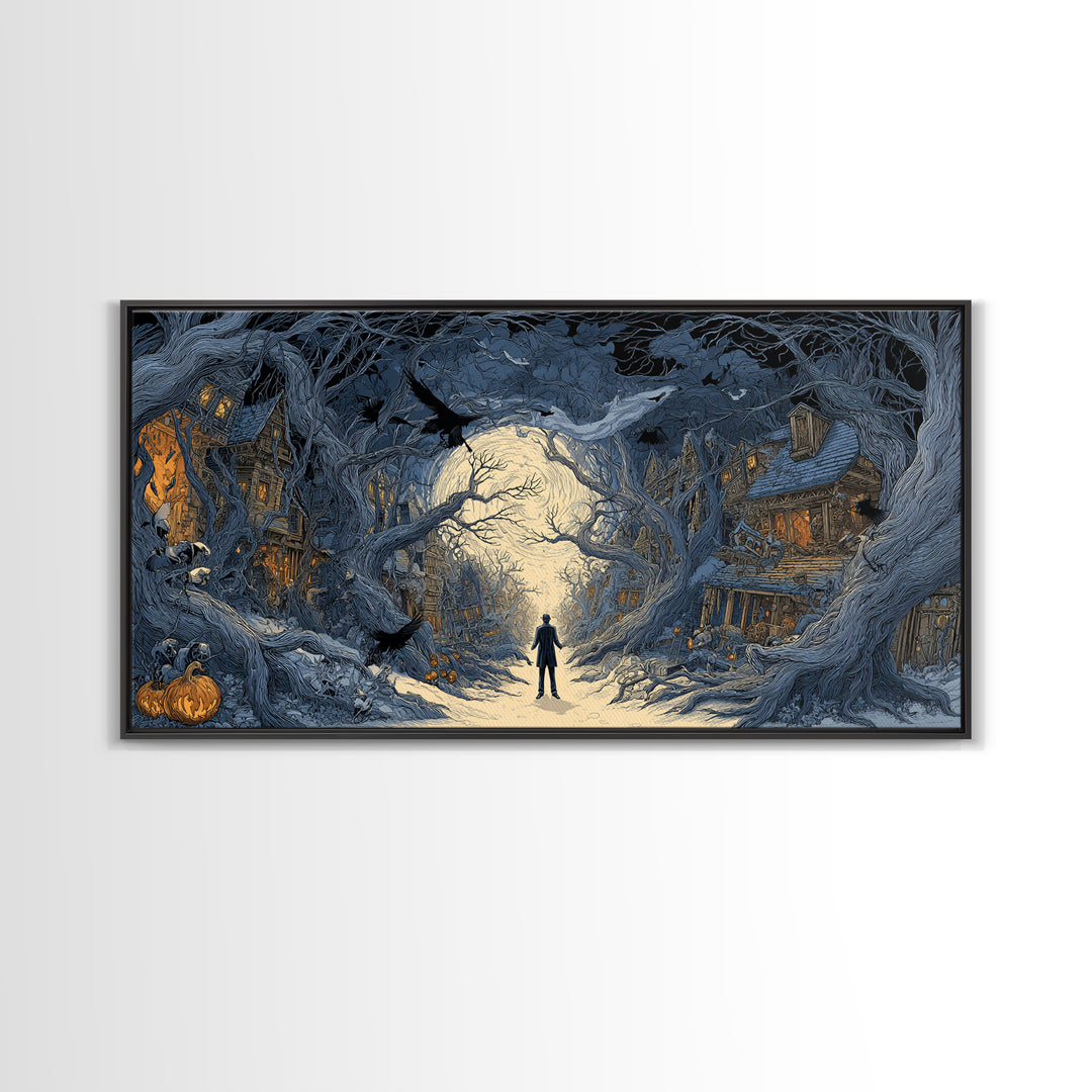 The Ghost Town Main Street, Wide Panoramic Art, Haunted Gothic Art, Framed Canvas Print, Halloween Wall Decor, Gothic Home Decor