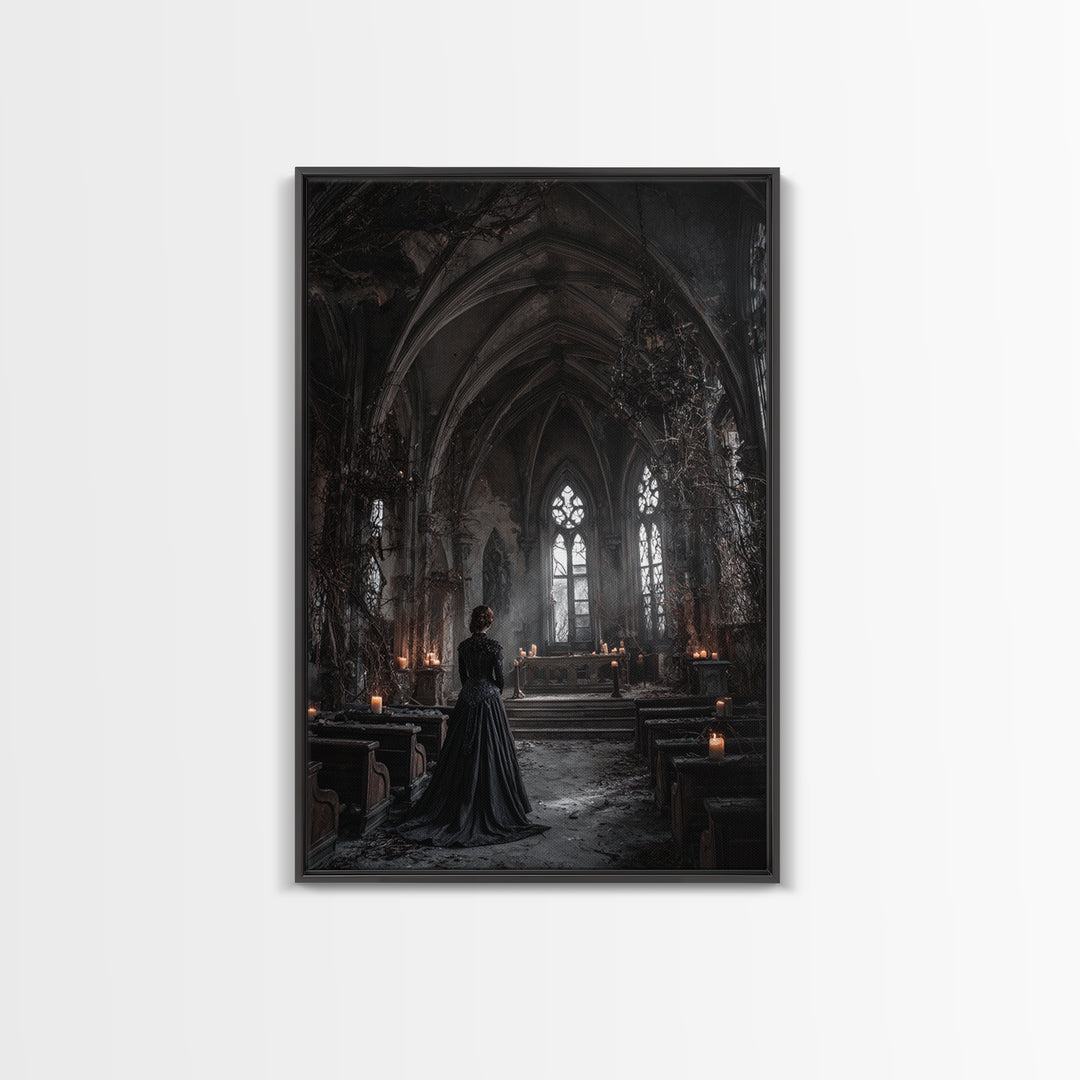 The Overgrown Chapel, Vertical Wall Art, Macabre Wall Art, Framed Canvas Print, Halloween Wall Decor, Gothic Home Decor, Spooky Wall Decor