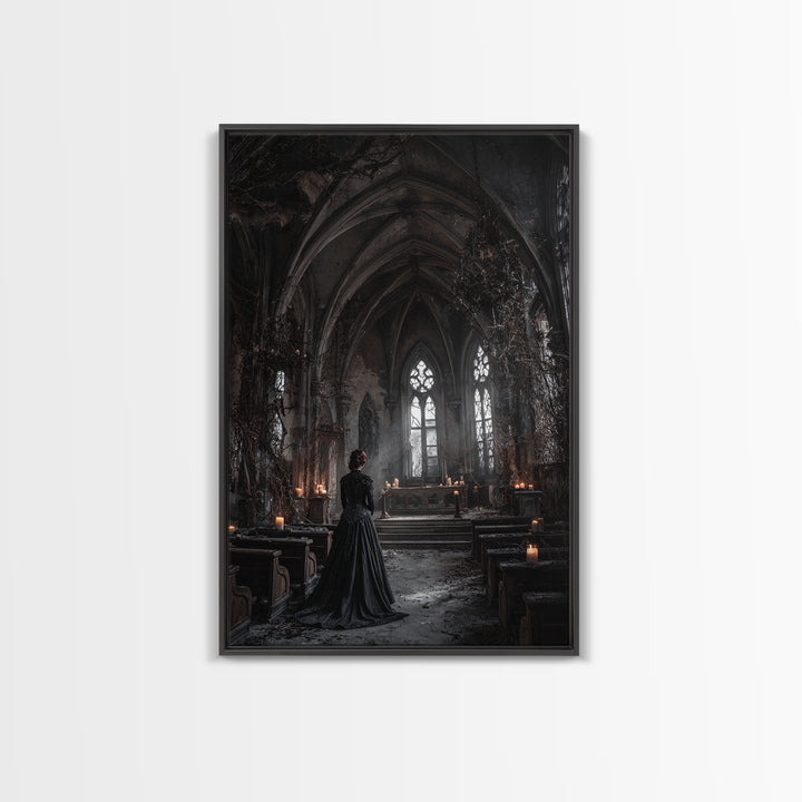 The Overgrown Chapel, Vertical Wall Art, Macabre Wall Art, Framed Canvas Print, Halloween Wall Decor, Gothic Home Decor, Spooky Wall Decor