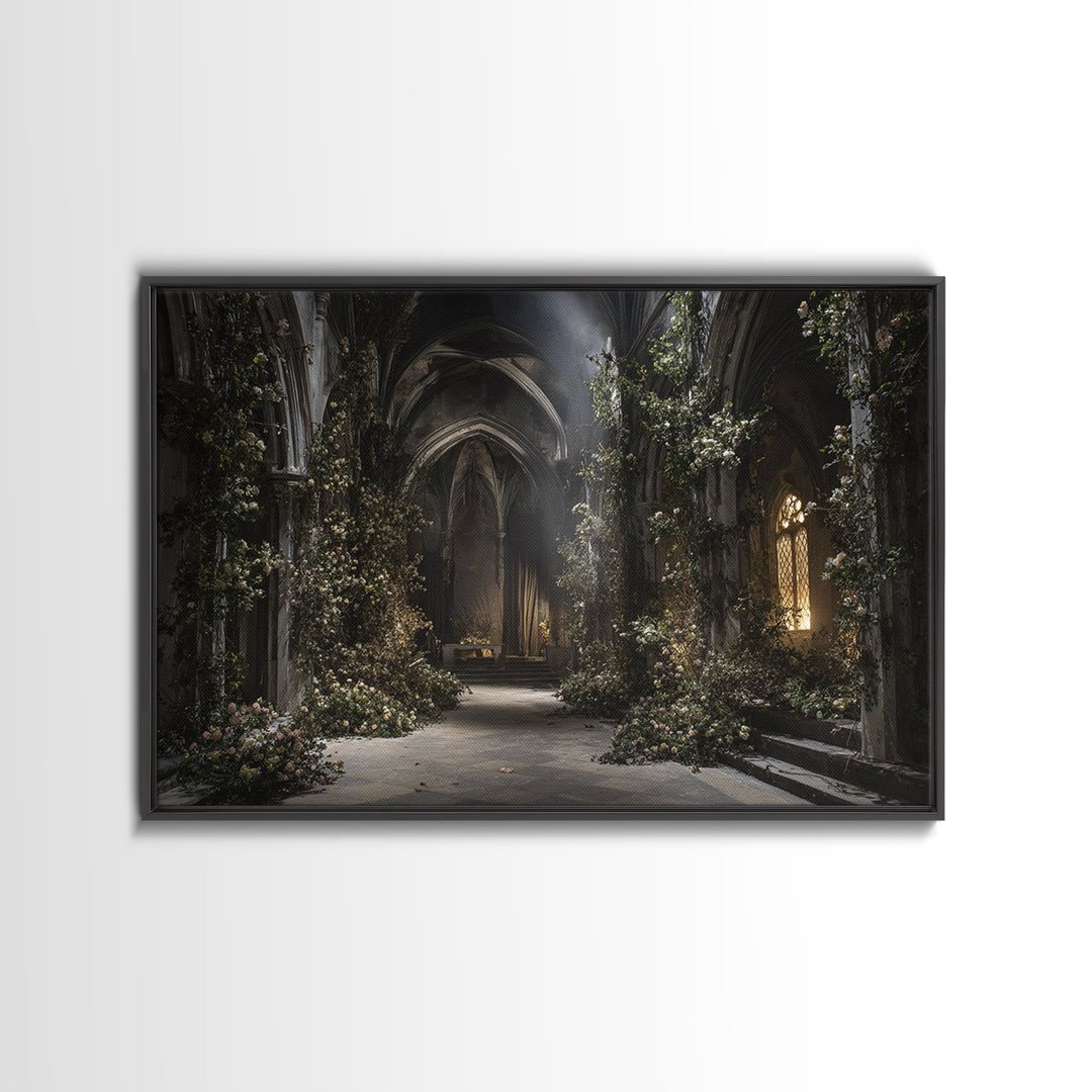 The Overgrown Chapel, Landscape Wall Art, Haunted Gothic Art, Framed Canvas Print, Halloween Wall Decor, Gothic Home Decor