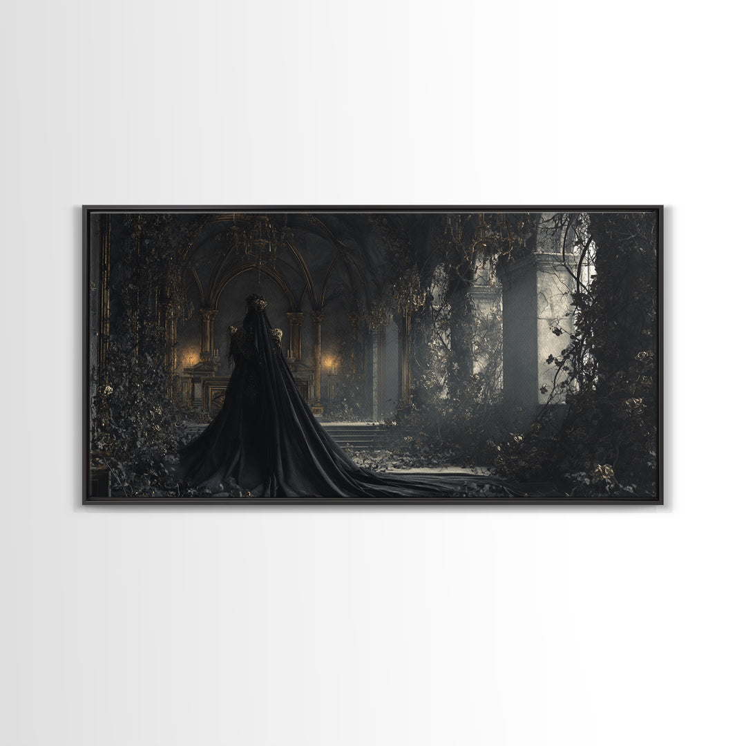 The Overgrown Chapel, Wide Panoramic Art, Macabre Wall Art, Framed Canvas Print, Halloween Wall Decor, Gothic Home Decor, Dark Fantasy Art