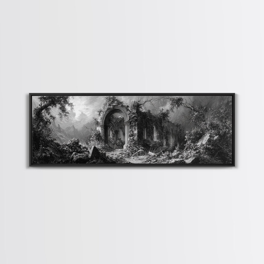 The Overgrown Chapel, Extra Wide Wall Art, Haunted Gothic Art, Framed Canvas Print, Halloween Wall Decor, Gothic Home Decor