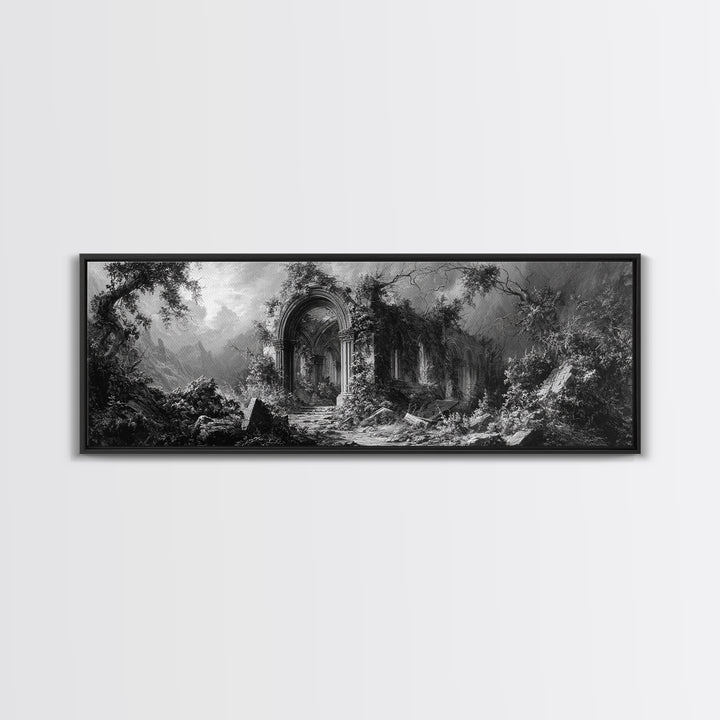 The Overgrown Chapel, Extra Wide Wall Art, Haunted Gothic Art, Framed Canvas Print, Halloween Wall Decor, Gothic Home Decor