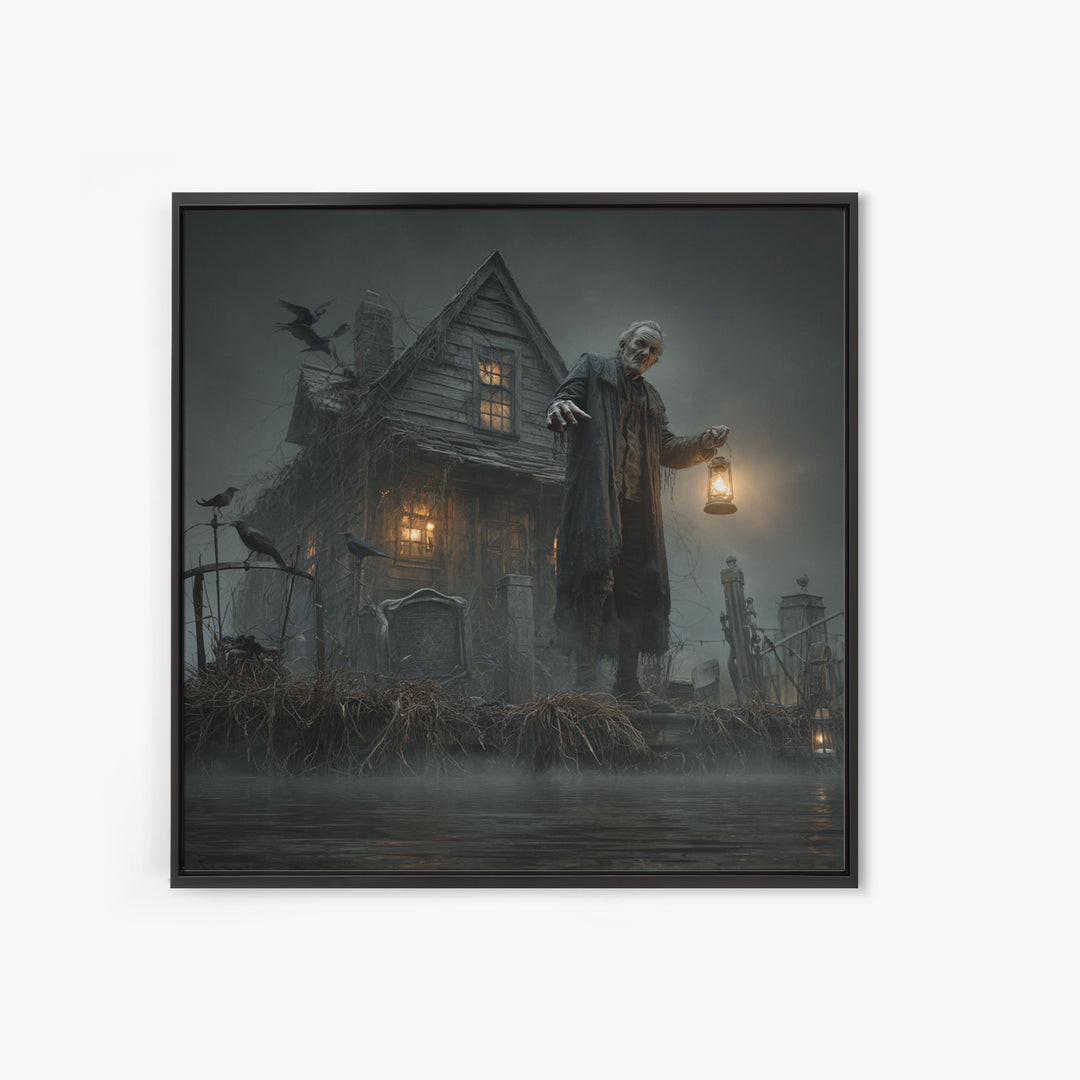The Foggy Swamp Shack, Square Wall Art, Haunted Gothic Art, Framed Canvas Print, Halloween Wall Decor, Gothic Home Decor, Spooky Wall Decor