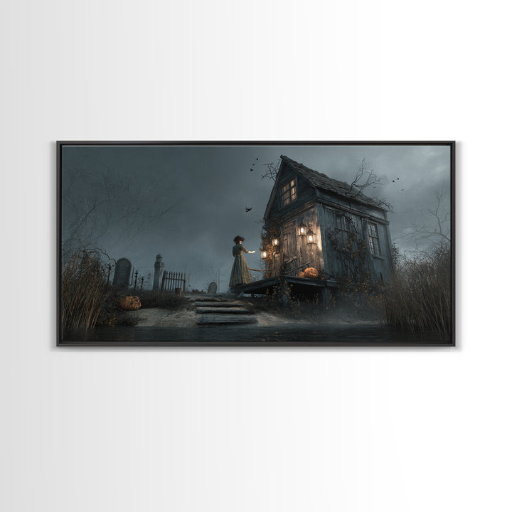 The Foggy Swamp Shack, Wide Panoramic Art, Gothic Horror Wall Art, Framed Canvas Print, Halloween Wall Decor, Gothic Home Decor