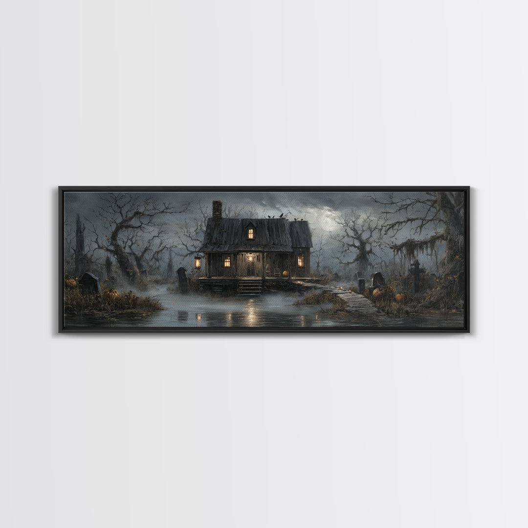 The Foggy Swamp Shack, Extra Wide Wall Art, Haunted Gothic Art, Framed Canvas Print, Halloween Wall Decor, Gothic Home Decor