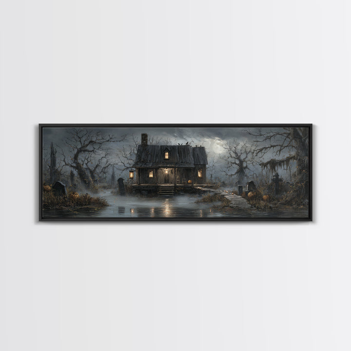 The Foggy Swamp Shack, Extra Wide Wall Art, Haunted Gothic Art, Framed Canvas Print, Halloween Wall Decor, Gothic Home Decor