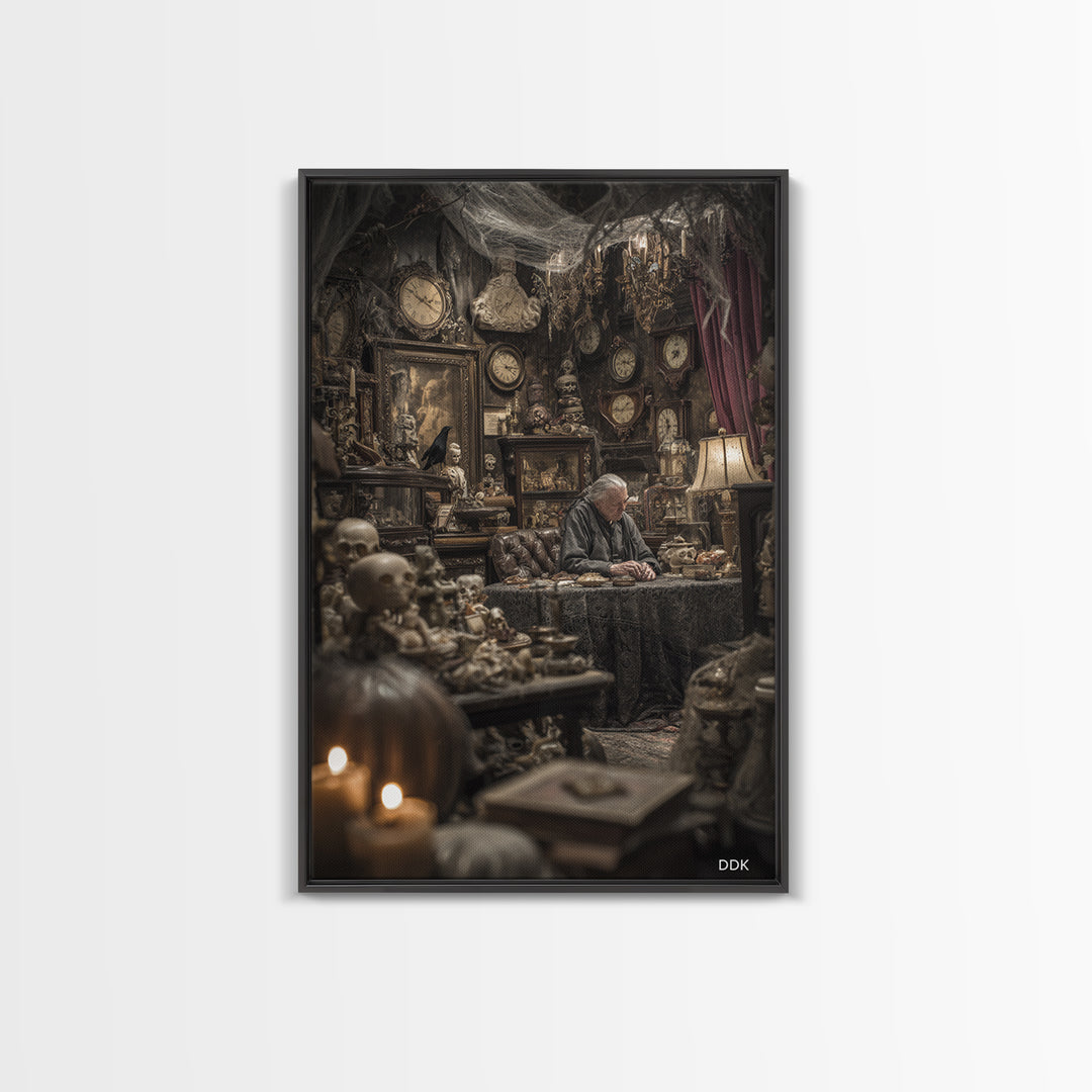 The Midnight Antique Shop, Vertical Wall Art, Macabre Wall Art, Framed Canvas Print, Halloween Wall Decor, Gothic Home Decor