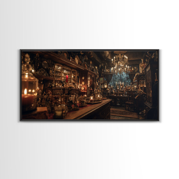 The Midnight Antique Shop, Wide Panoramic Art, Haunted Gothic Art, Framed Canvas Print, Halloween Wall Decor, Gothic Home Decor