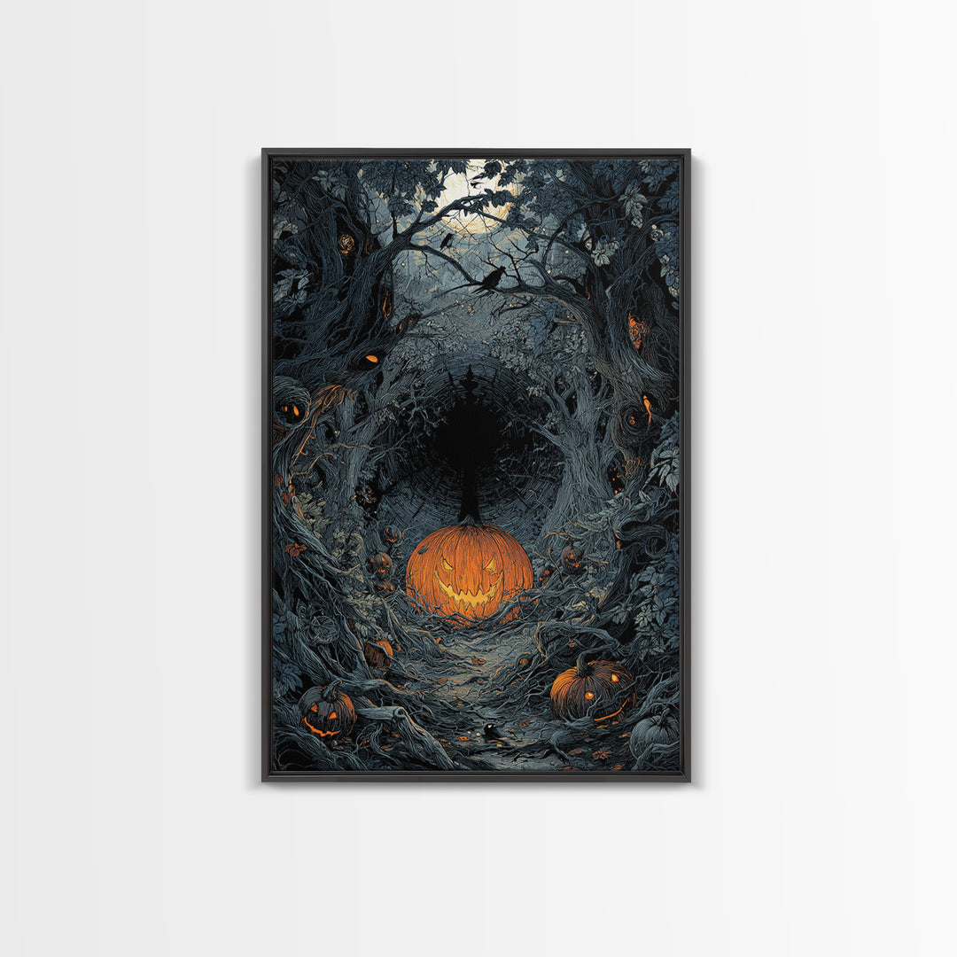 The Pumpkin Patch Maze, Vertical Wall Art, Gothic Horror Wall Art, Framed Canvas Print, Halloween Wall Decor, Gothic Home Decor