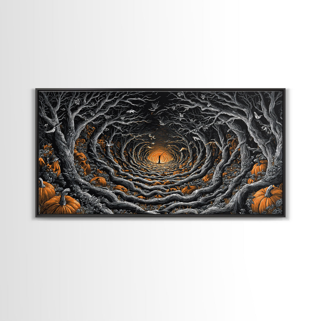 The Pumpkin Patch Maze, Wide Panoramic Art, Dark Halloween Decor, Canvas Print, Halloween Wall Decor, Gothic Home Decor, Macabre Wall Art