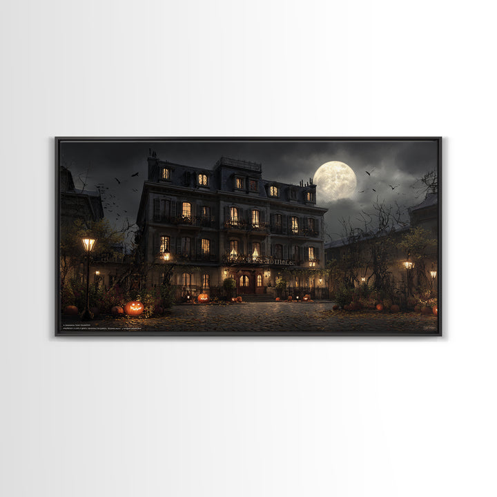 The Haunted Hotel, Wide Panoramic Art, Macabre Wall Art, Framed Canvas Print, Halloween Wall Decor, Gothic Home Decor, Horror Wall Art