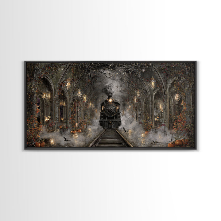 The Abandoned Train Station, Wide Panoramic Art, Macabre Wall Art, Framed Canvas Print, Halloween Wall Decor, Gothic Home Decor