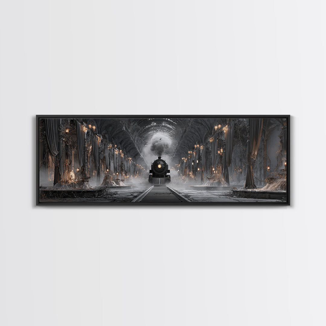 The Abandoned Train Station, Extra Wide Wall Art, Haunted Gothic Art, Framed Canvas Print, Halloween Wall Decor, Gothic Home Decor