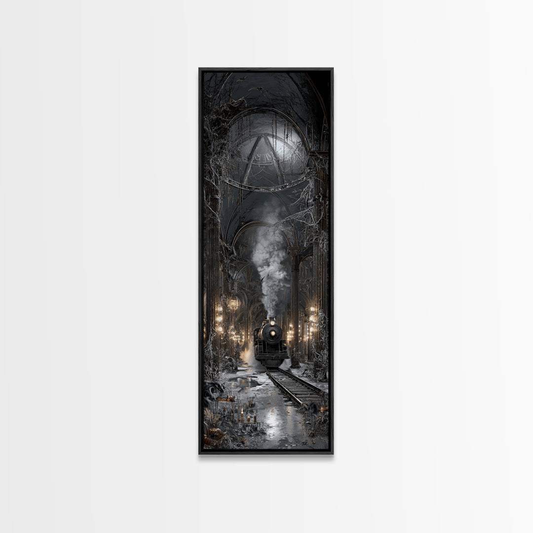 The Abandoned Train Station, Tall Narrow Wall Art, Gothic Horror Wall Art, Framed Canvas Print, Halloween Wall Decor, Gothic Home Decor