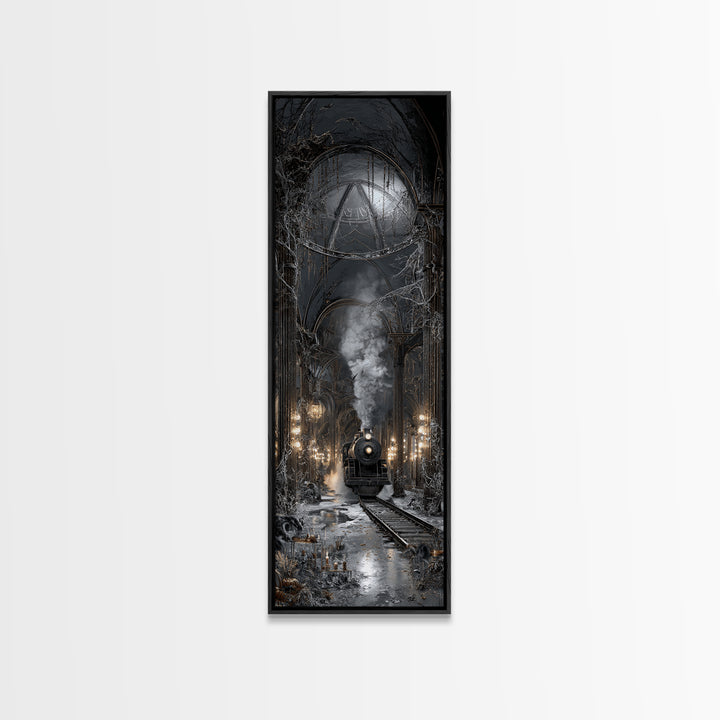The Abandoned Train Station, Tall Narrow Wall Art, Gothic Horror Wall Art, Framed Canvas Print, Halloween Wall Decor, Gothic Home Decor