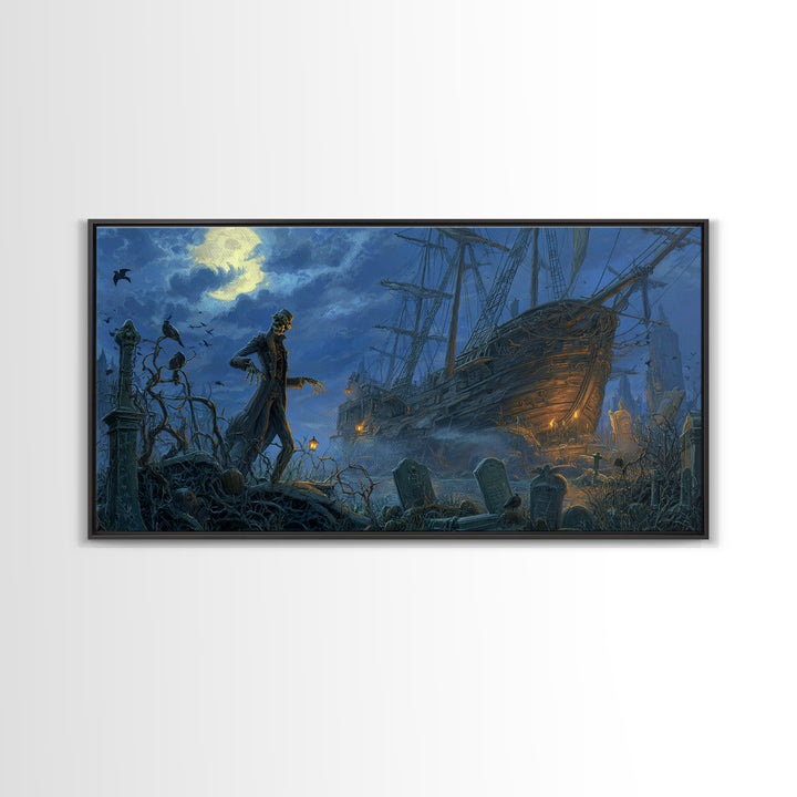 The Shipwreck Cove, Wide Panoramic Art, Gothic Horror Wall Art, Framed Canvas Print, Halloween Wall Decor, Gothic Home Decor