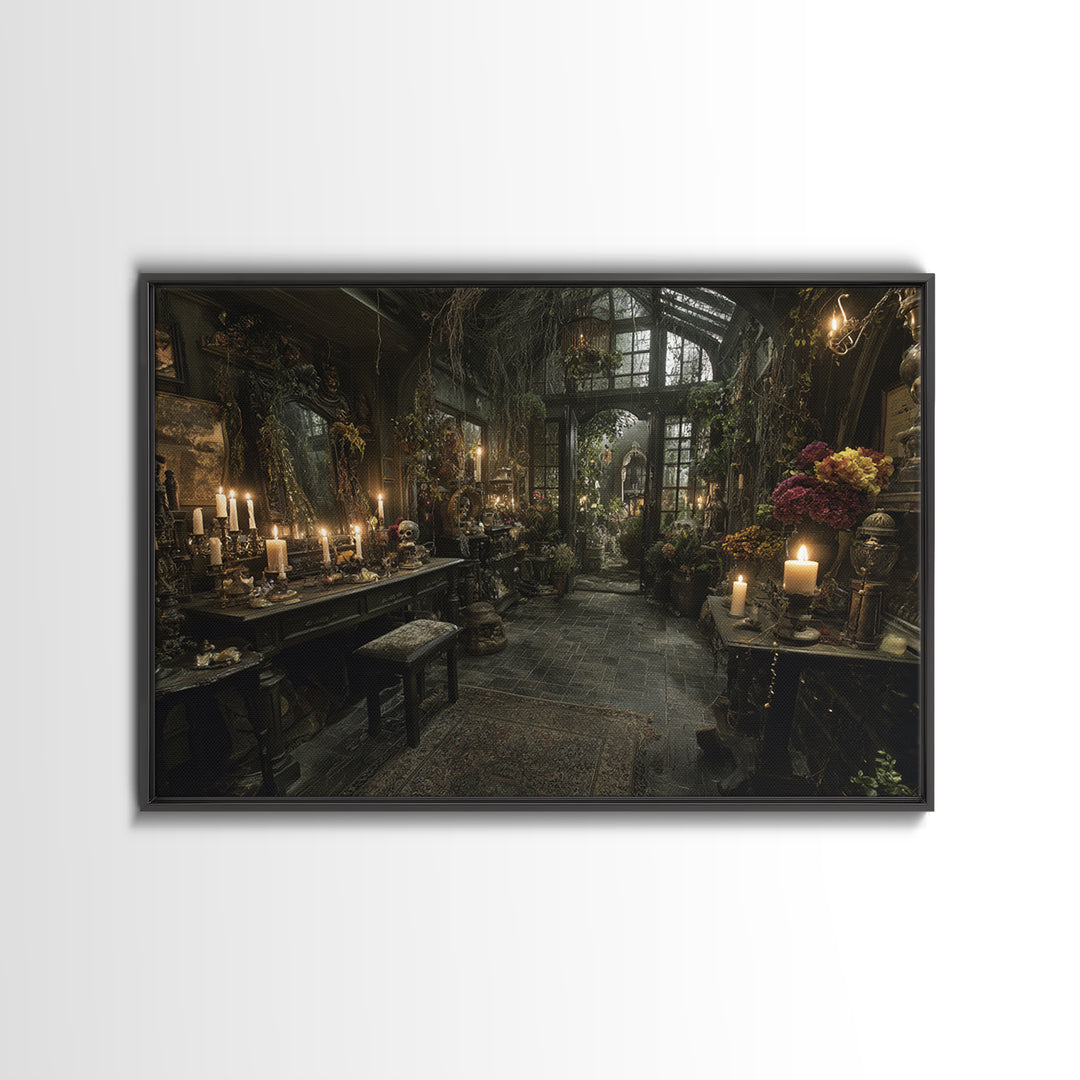 The Cemetery Greenhouse, Landscape Wall Art, Macabre Wall Art, Framed Canvas Print, Halloween Wall Decor, Gothic Home Decor, Halloween Decor