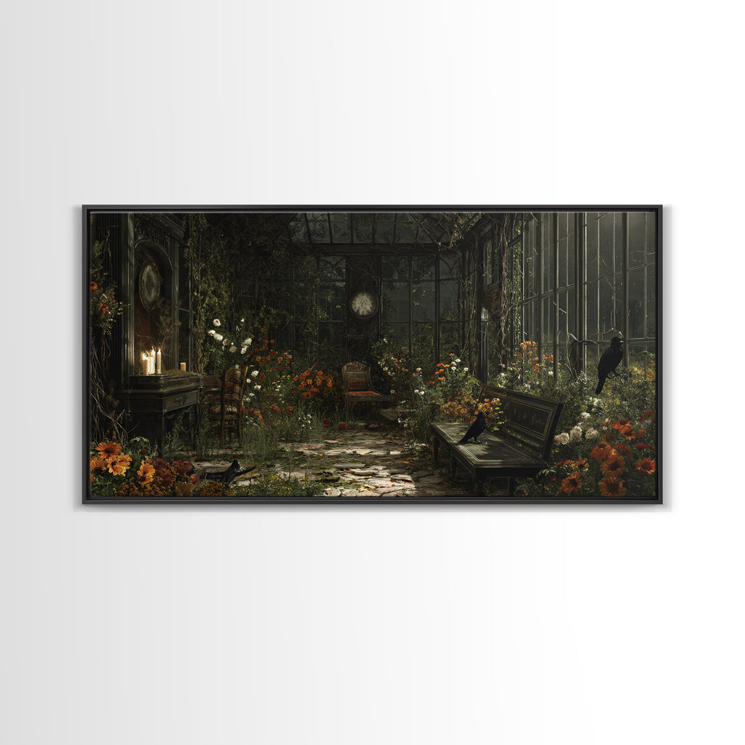 The Cemetery Greenhouse, Wide Panoramic Art, Spooky Home Decor, Canvas Print, Halloween Wall Decor, Gothic Home Decor, Horror Wall Art
