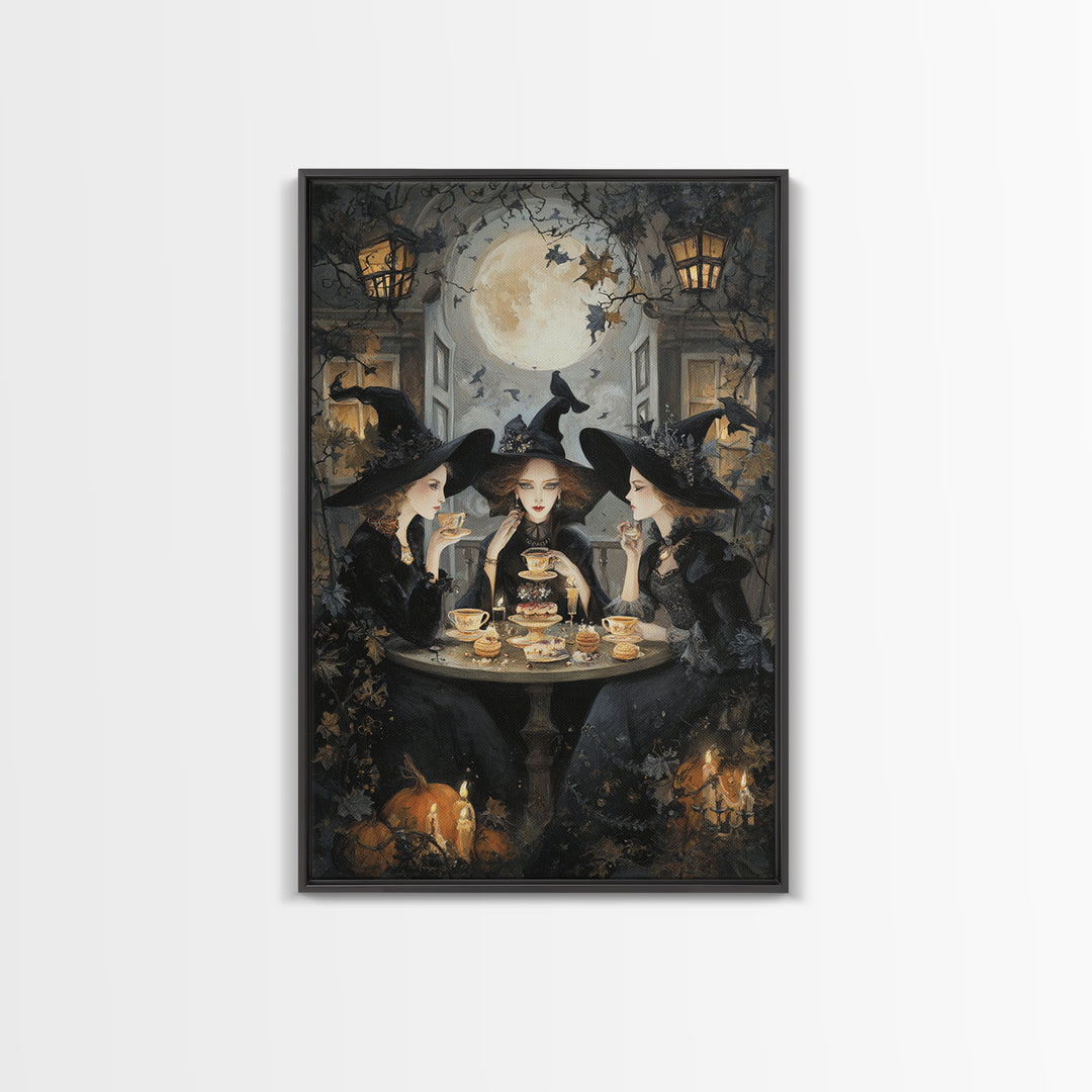 The Witches' Tea Party, Vertical Wall Art, Macabre Wall Art, Framed Canvas Print, Halloween Wall Decor, Gothic Home Decor, Halloween Decor