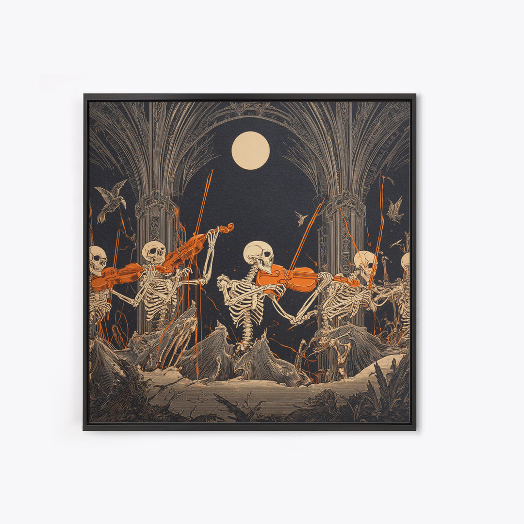 The Skeleton Orchestra, Square Wall Art, Gothic Horror Wall Art, Framed Canvas Print, Halloween Wall Decor, Gothic Home Decor