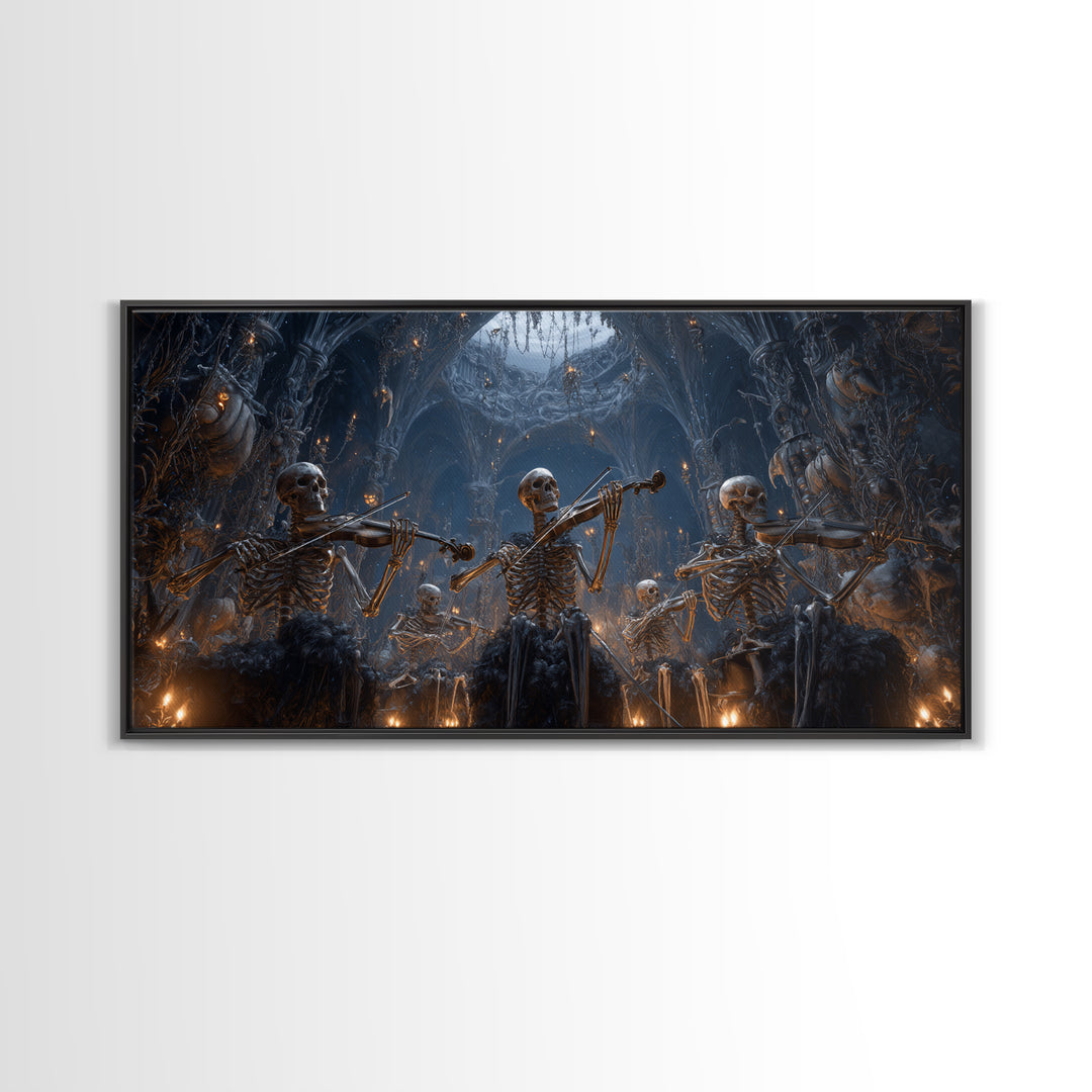 The Skeleton Orchestra, Wide Panoramic Art, Macabre Wall Art, Framed Canvas Print, Halloween Wall Decor, Gothic Home Decor