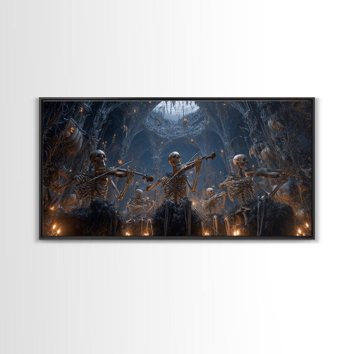 The Skeleton Orchestra, Wide Panoramic Art, Macabre Wall Art, Framed Canvas Print, Halloween Wall Decor, Gothic Home Decor