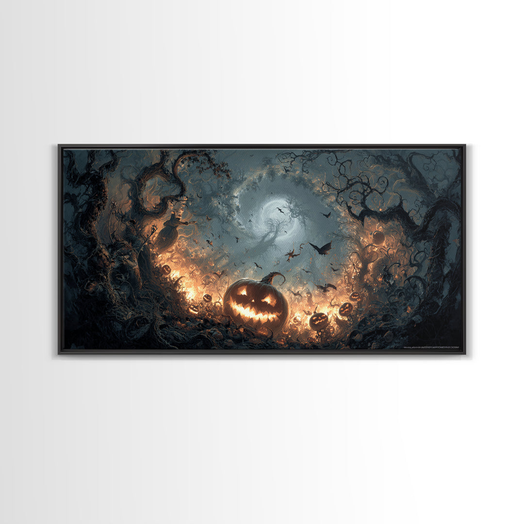 The Pumpkin-Carving Ritual, Wide Panoramic Art, Dark Fantasy Wall Art, Canvas Print, Halloween Wall Decor, Gothic Home Decor