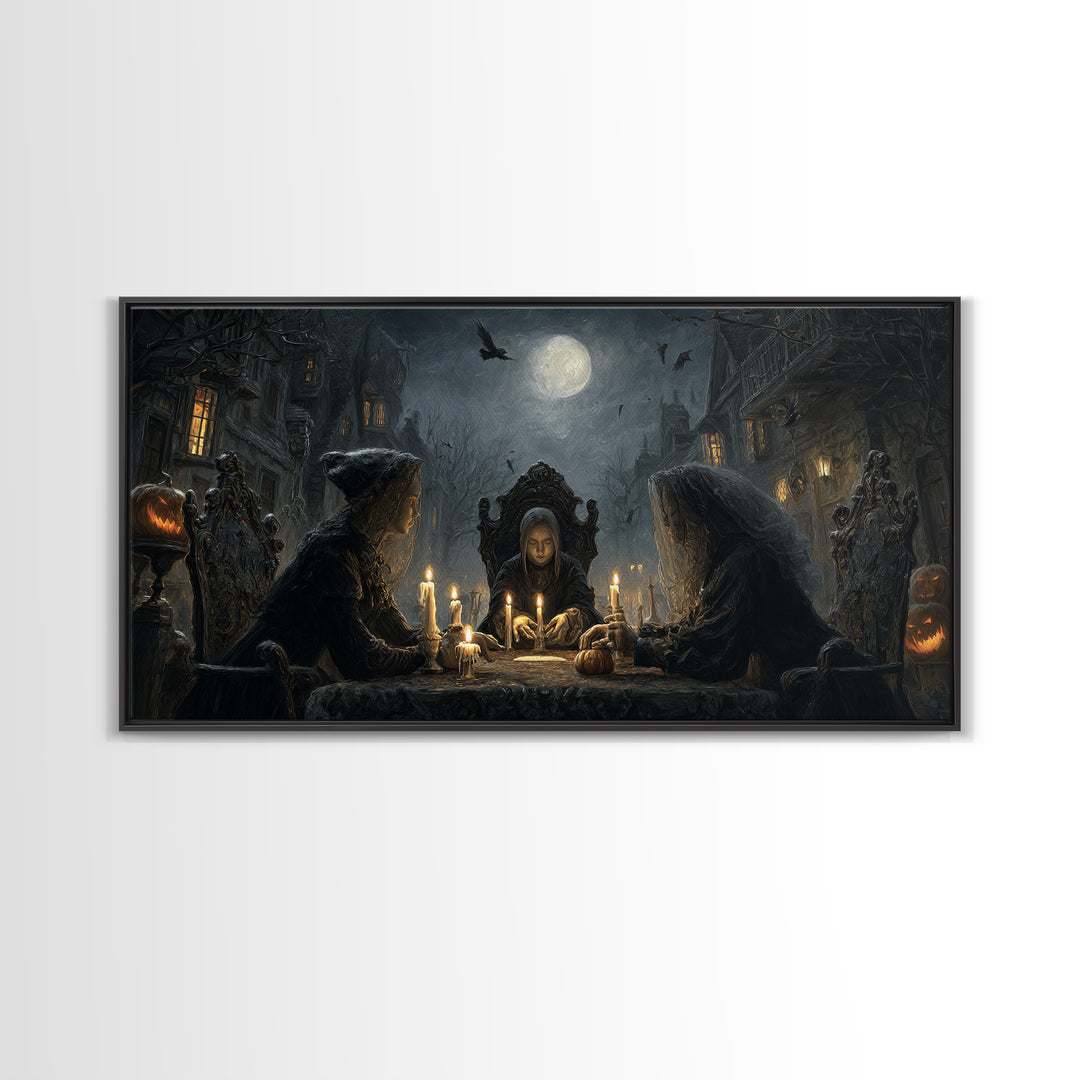 The Candlelit Seance, Wide Panoramic Art, Haunted Gothic Art, Framed Canvas Print, Halloween Wall Decor, Gothic Home Decor