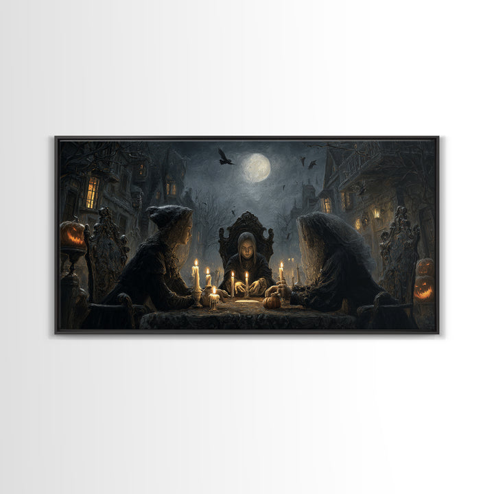 The Candlelit Seance, Wide Panoramic Art, Haunted Gothic Art, Framed Canvas Print, Halloween Wall Decor, Gothic Home Decor