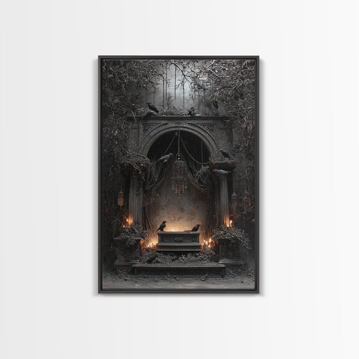 The Raven Funeral, Vertical Wall Art, Gothic Horror Wall Art, Framed Canvas Print, Halloween Wall Decor, Gothic Home Decor, Dark Fantasy Art