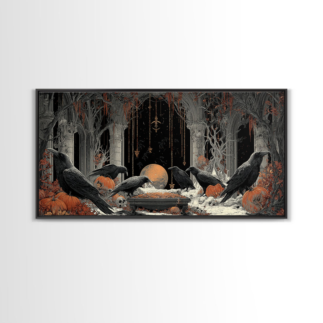 The Raven Funeral, Wide Panoramic Art, Gothic Horror Wall Art, Framed Canvas Print, Halloween Wall Decor, Gothic Home Decor, Halloween Decor