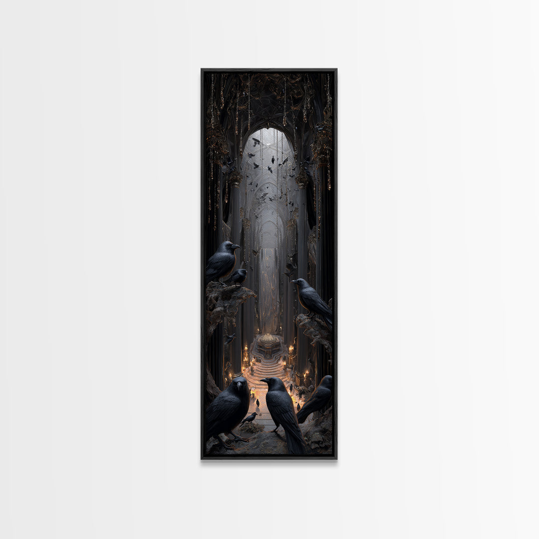 The Raven Funeral, Tall Narrow Wall Art, Gothic Horror Wall Art, Framed Canvas Print, Halloween Wall Decor, Gothic Home Decor