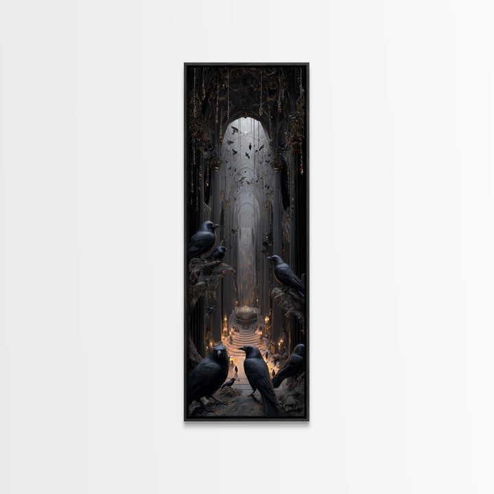 The Raven Funeral, Tall Narrow Wall Art, Gothic Horror Wall Art, Framed Canvas Print, Halloween Wall Decor, Gothic Home Decor