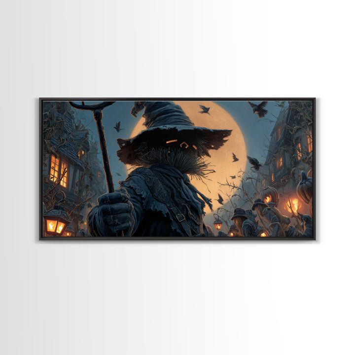The Scarecrow Uprising, Wide Panoramic Art, Haunted Gothic Art, Framed Canvas Print, Halloween Wall Decor, Gothic Home Decor