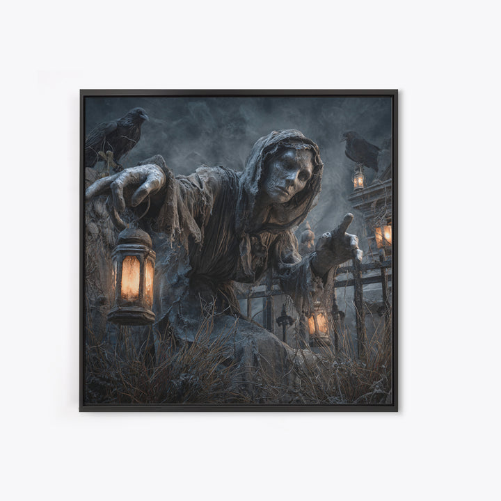 The Cemetery Lantern Festival, Square Wall Art, Haunted Gothic Art, Framed Canvas Print, Halloween Wall Decor, Gothic Home Decor