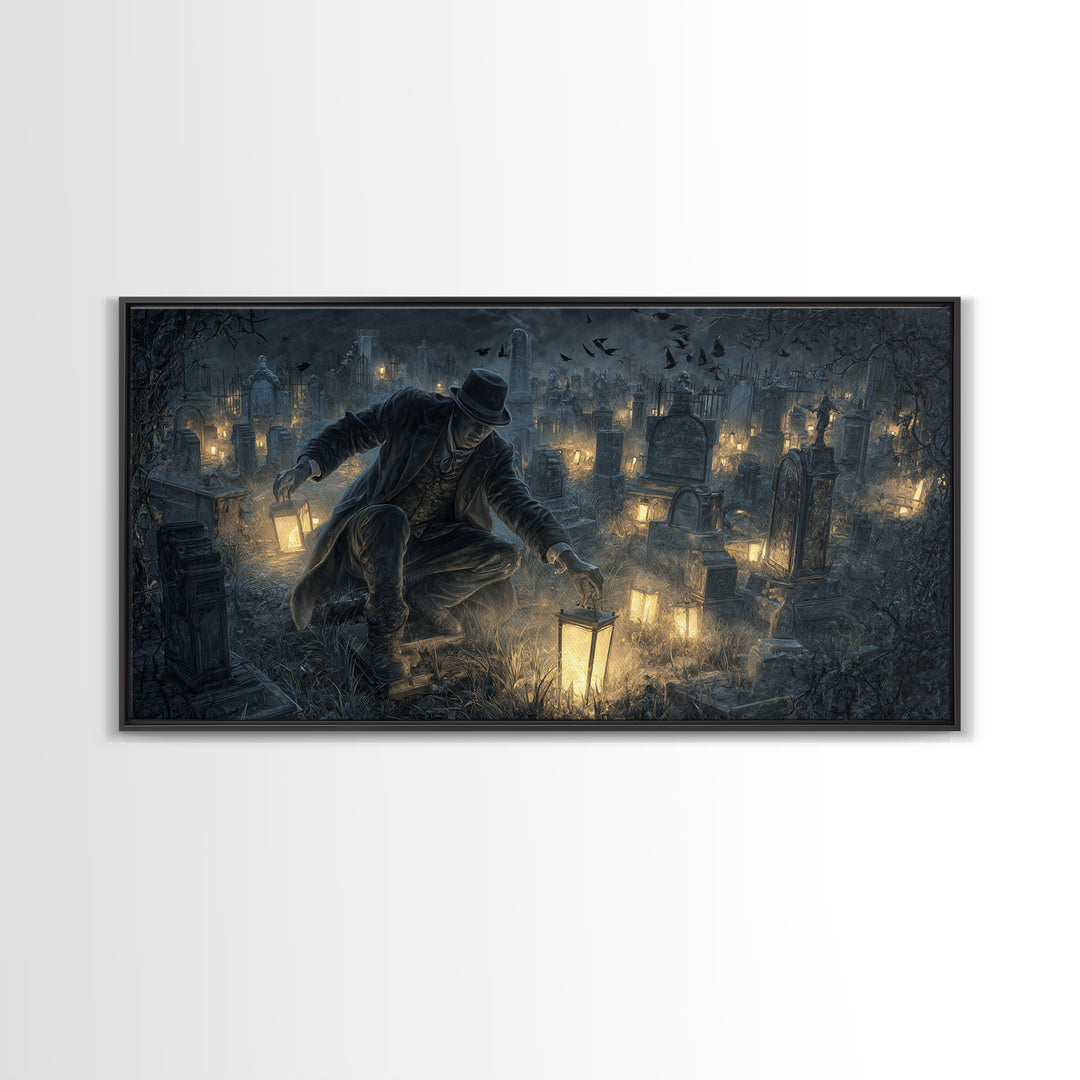 The Cemetery Lantern Festival, Wide Panoramic Art, Dark Fantasy Wall Art, Canvas Print, Halloween Wall Decor, Gothic Home Decor
