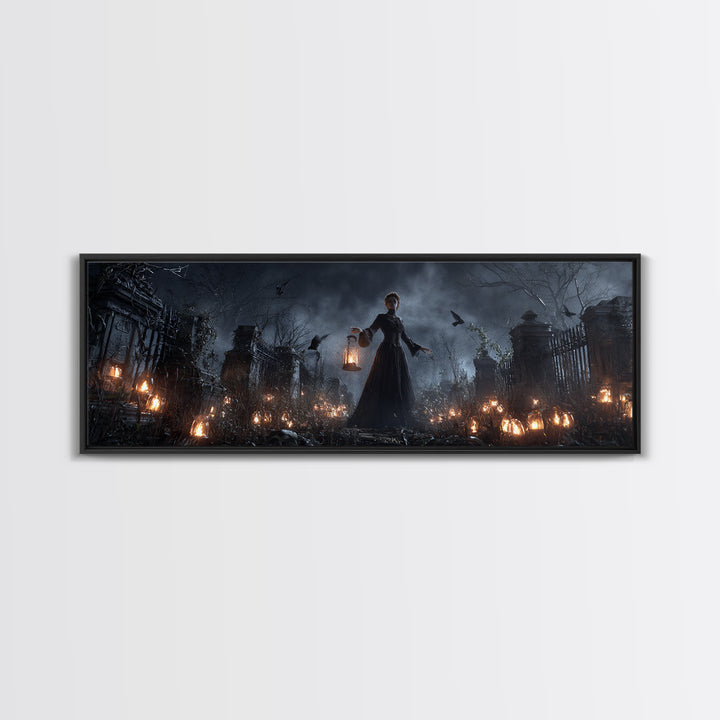 The Cemetery Lantern Festival, Extra Wide Wall Art, Macabre Wall Art, Framed Canvas Print, Halloween Wall Decor, Gothic Home Decor