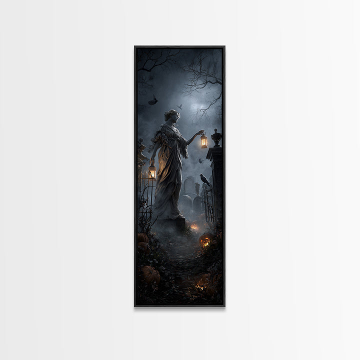 The Cemetery Lantern Festival, Tall Narrow Wall Art, Macabre Wall Art, Framed Canvas Print, Halloween Wall Decor, Gothic Home Decor