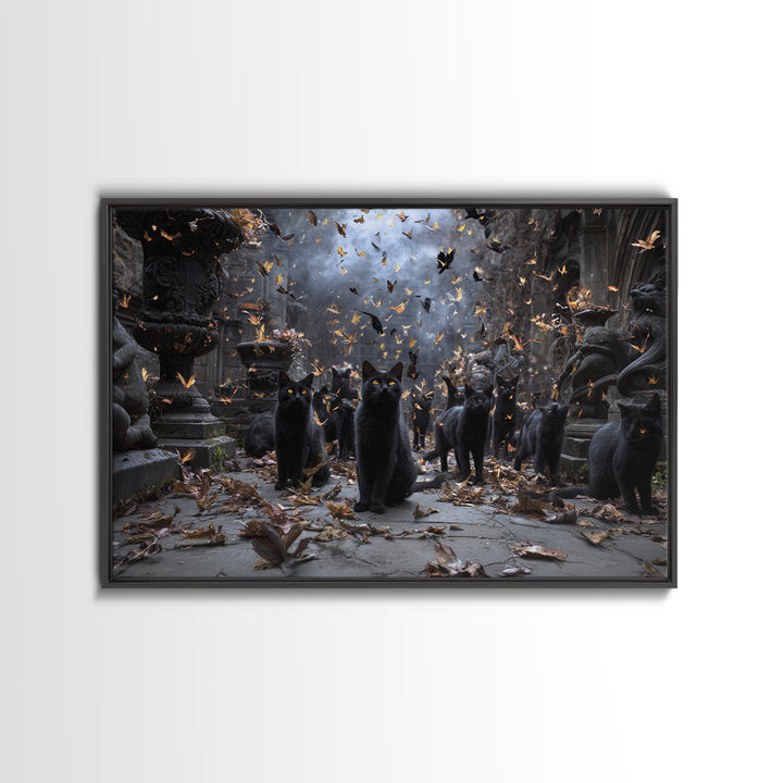 The Black Cat Gathering, Landscape Wall Art, Haunted Gothic Art, Framed Canvas Print, Halloween Wall Decor, Gothic Home Decor